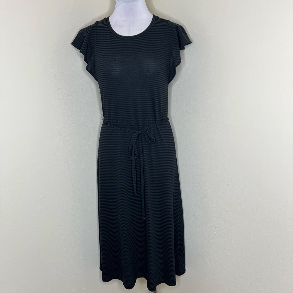 GAP Midi Dress Small Womens Black Striped Flutter Sleeve Self Tie Belt Chic New